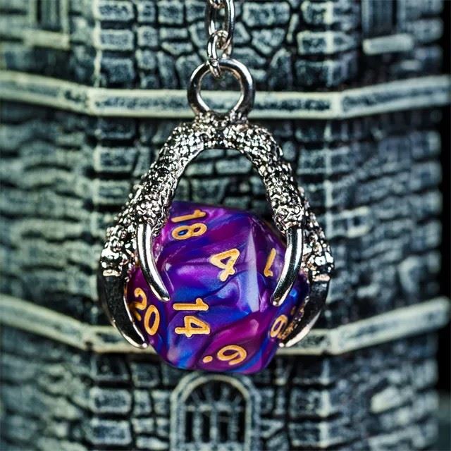 Purple & Blue Acrylic in  Silver Metal Claw - D20 Keyring