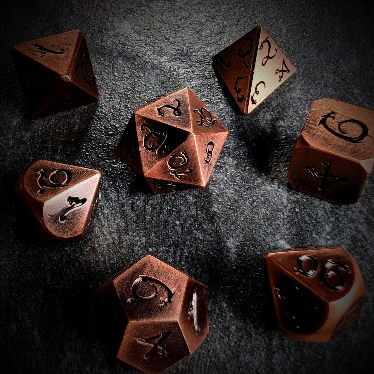 Copper Metal with Black Dragon Font - 7pcs RPG Dice Set