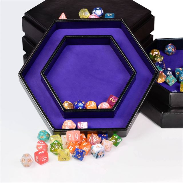 Purple Velvet & Black PU Leather - Hexagon Lid Dice Tray