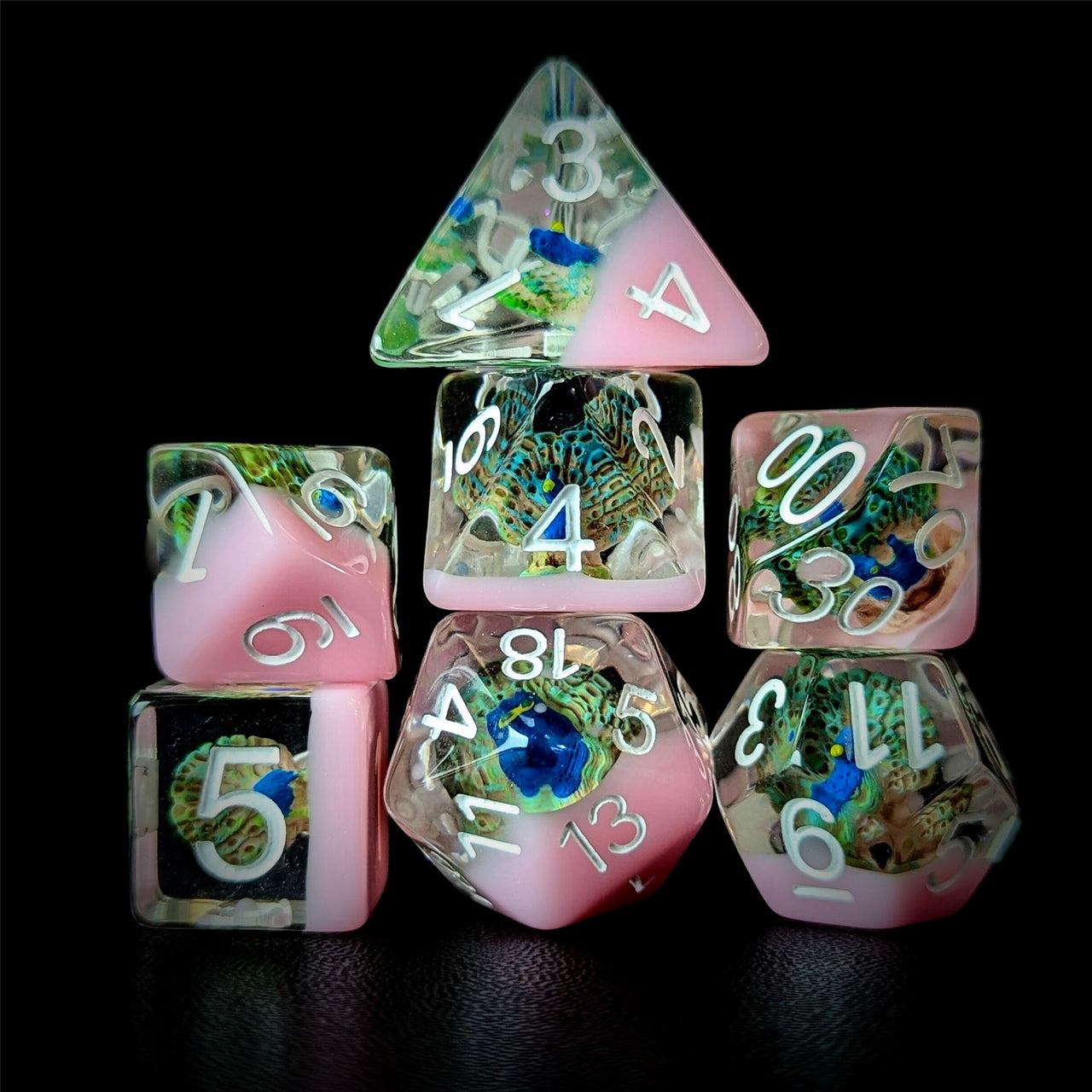 Peacock in Clear & Pink Resin - 7pcs RPG Full Dice Set