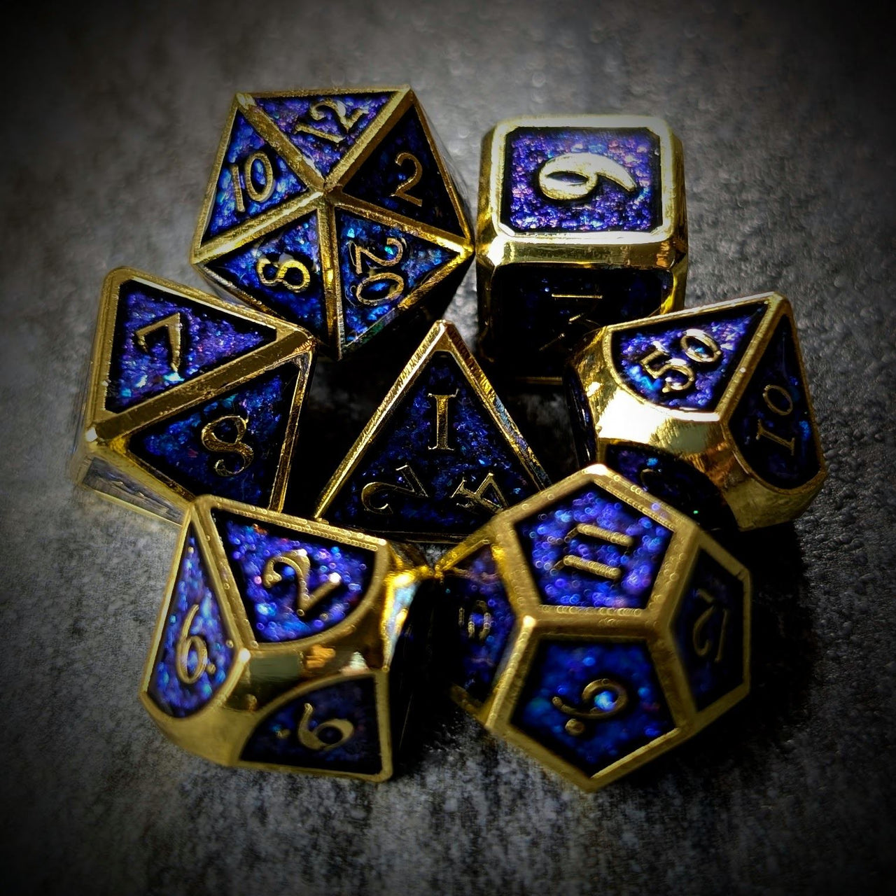 Glitter Blue Enamel in Gold Metal - 7pcs RPG Dice Set