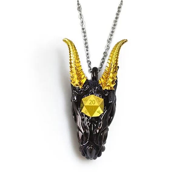 Gold & Black Horned Dragon with Copper Metal Mini Dice Set Necklace