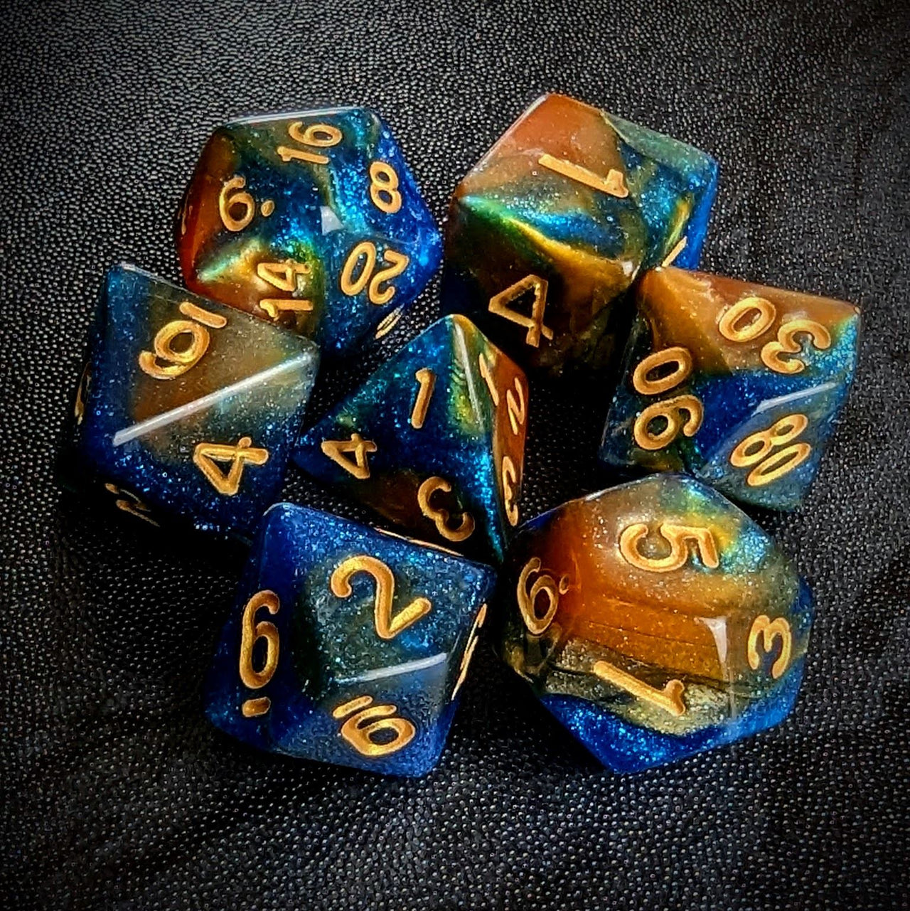 Glitter in Blue & Orange Acrylic - 7pcs RPG Full Dice Set Top