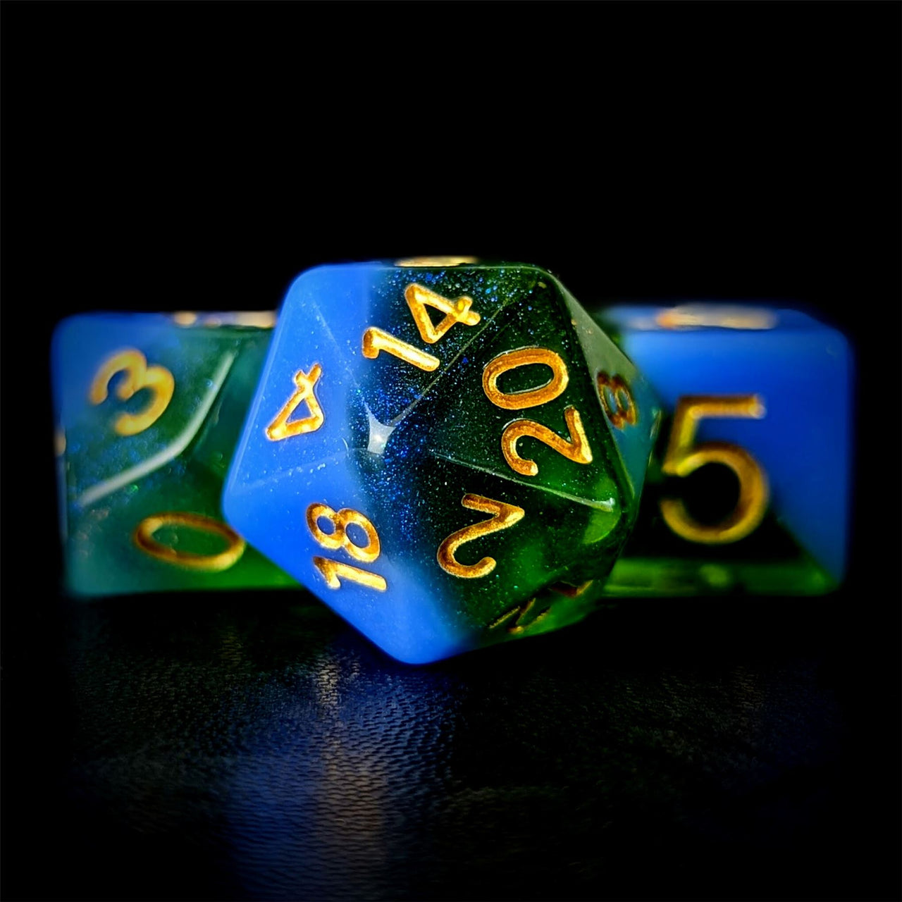 Layered Blue & Green with Shimmer Resin - 7pcs RPG Full Dice Set