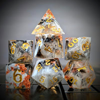 Thumbnail for 7pcs Dice Sharp Filled Gold Font Foil Black White Swirl Clear