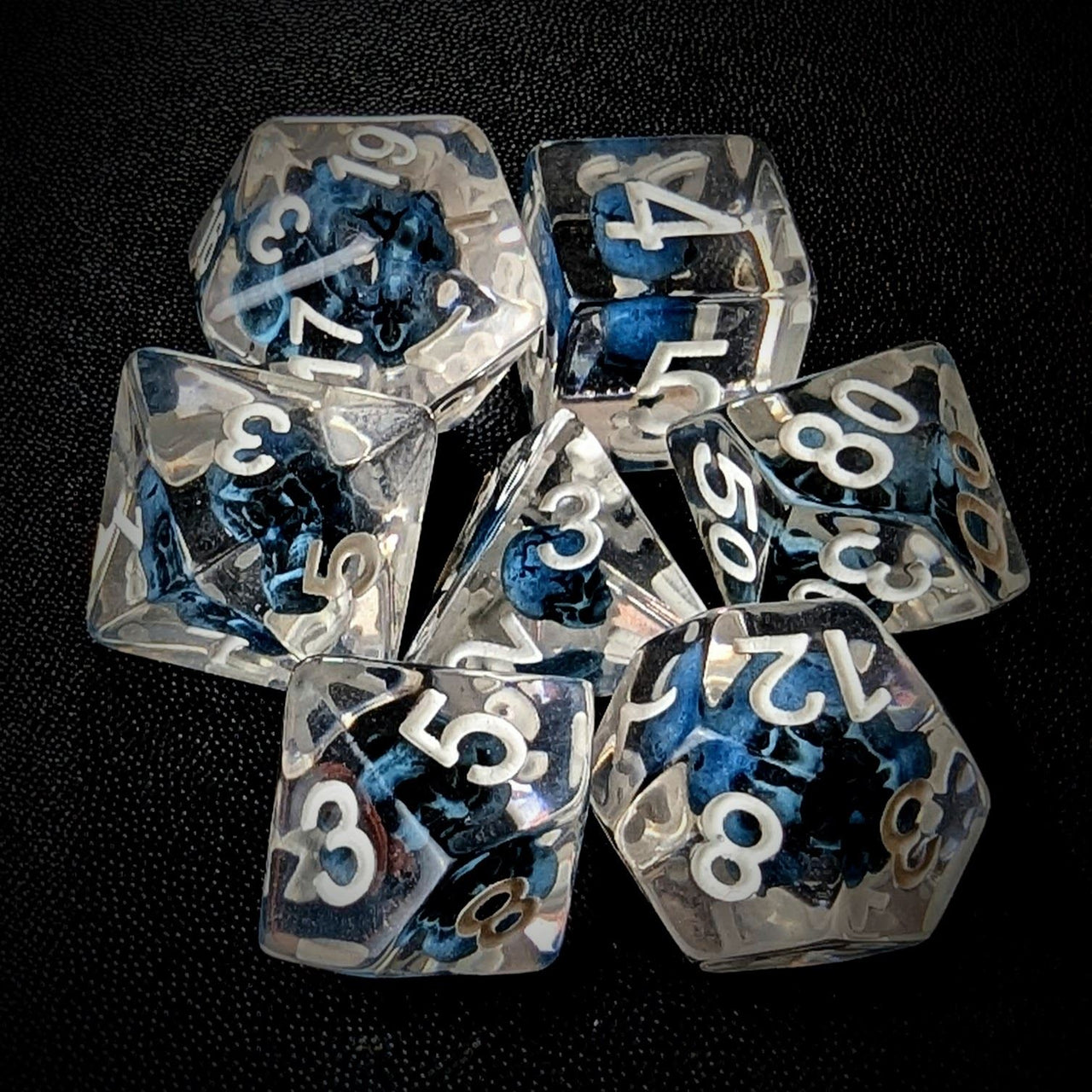 Blue Skull in Clear Resin - 7pcs RPG Full Dice Set