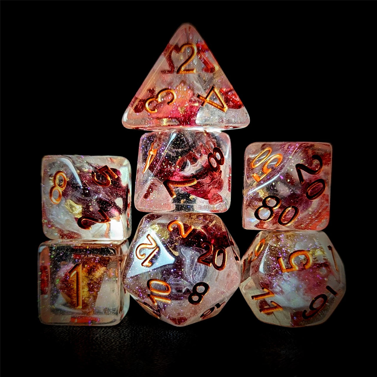 Pink Rose Petal in Clear Resin - 7pcs RPG Full Dice Set