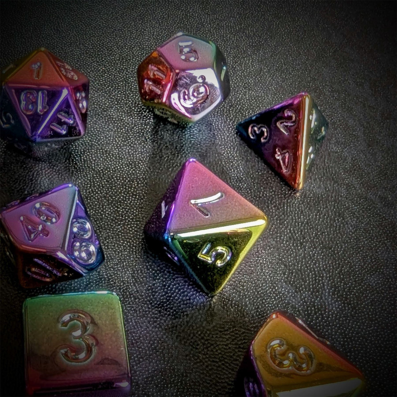 Pink, Blue & Yellow Metallic Acrylic - 7pcs RPG Dice Set