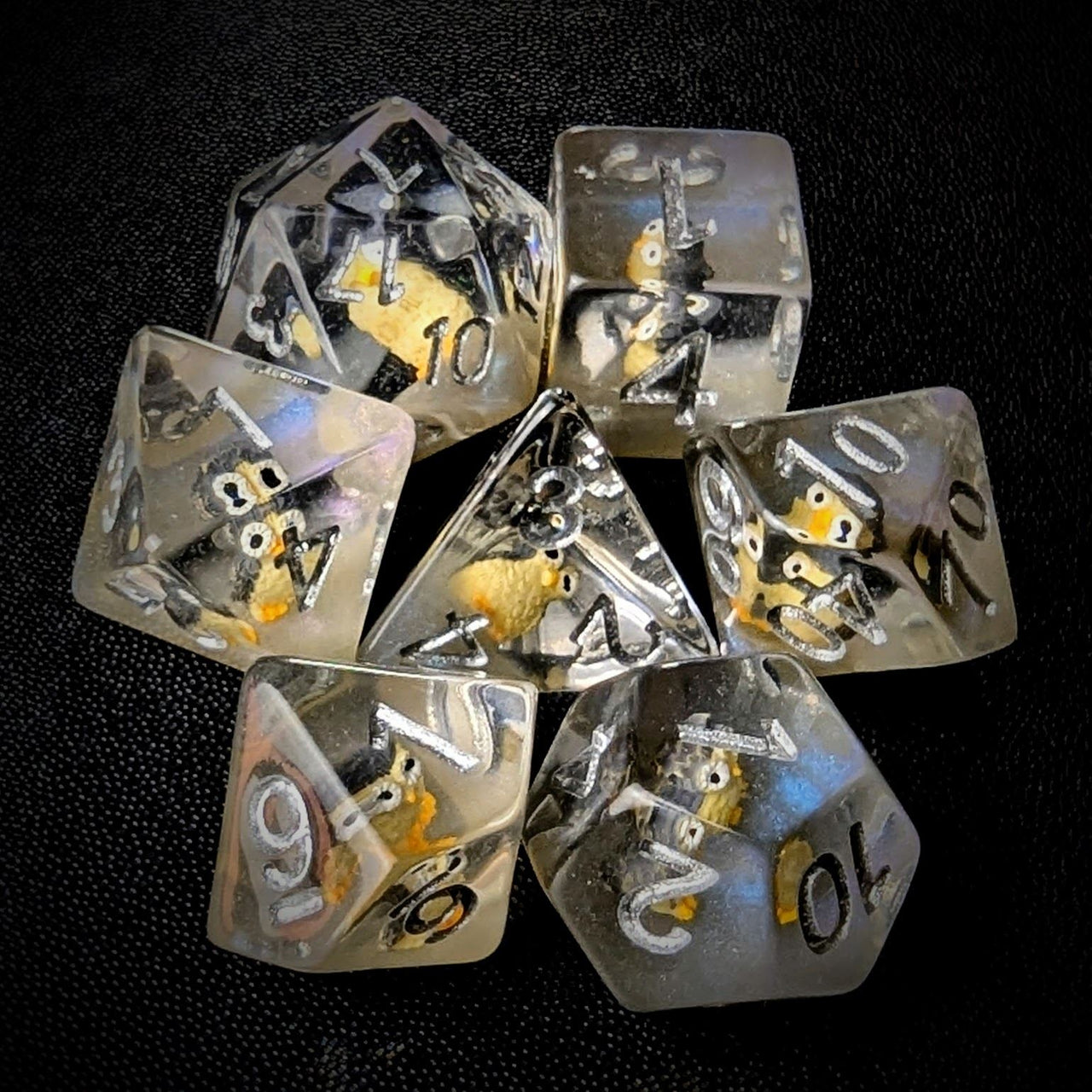 Owl in Clear & Grey Resin - 7pcs RPG Full Dice Set