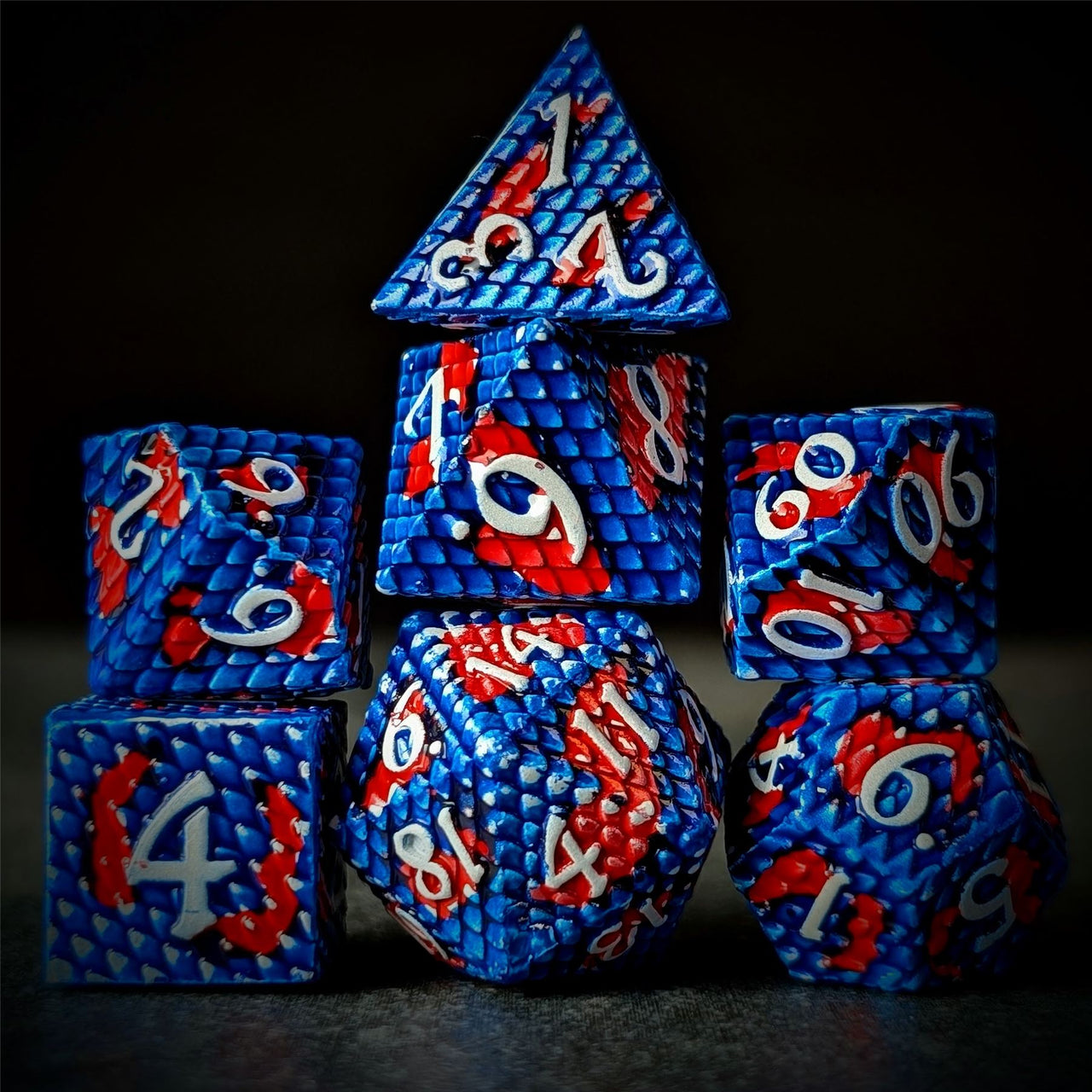 Red & Blue Dragon Scale Metal - 7pcs RPG Dice Set