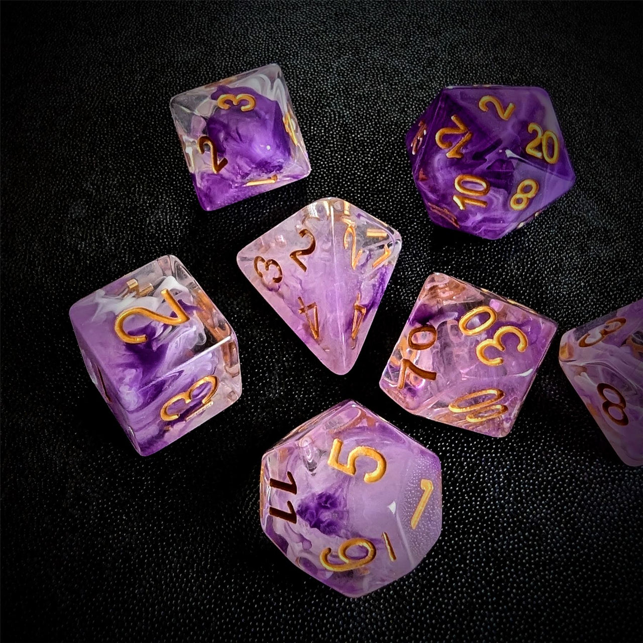 Purple & White Swirl in Clear Resin - 7pcs RPG Full Dice Set