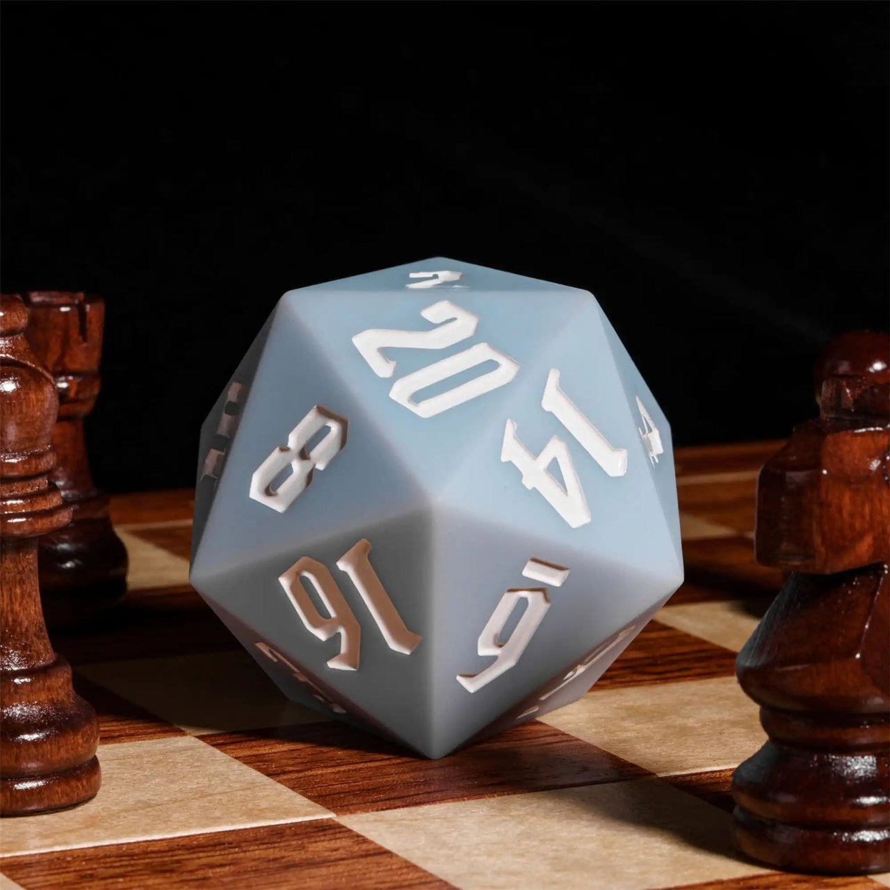 D20 55mm Dice Silicone Solid White Font Pale Blue