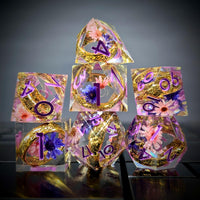 Thumbnail for 7pcs Dice Sharp Filled Gold Ring Flowers Pink Font Pink Clear