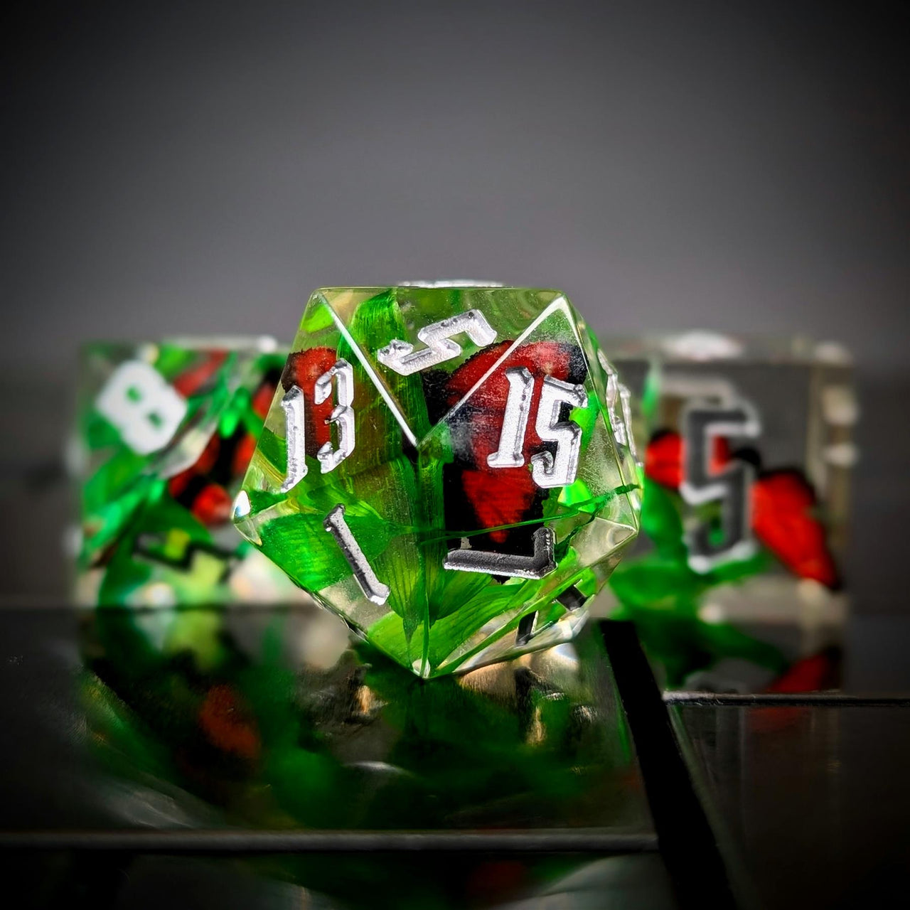 Red Butterfly in Clear Filled Sharp Resin - 7pcs RPG Dice Set