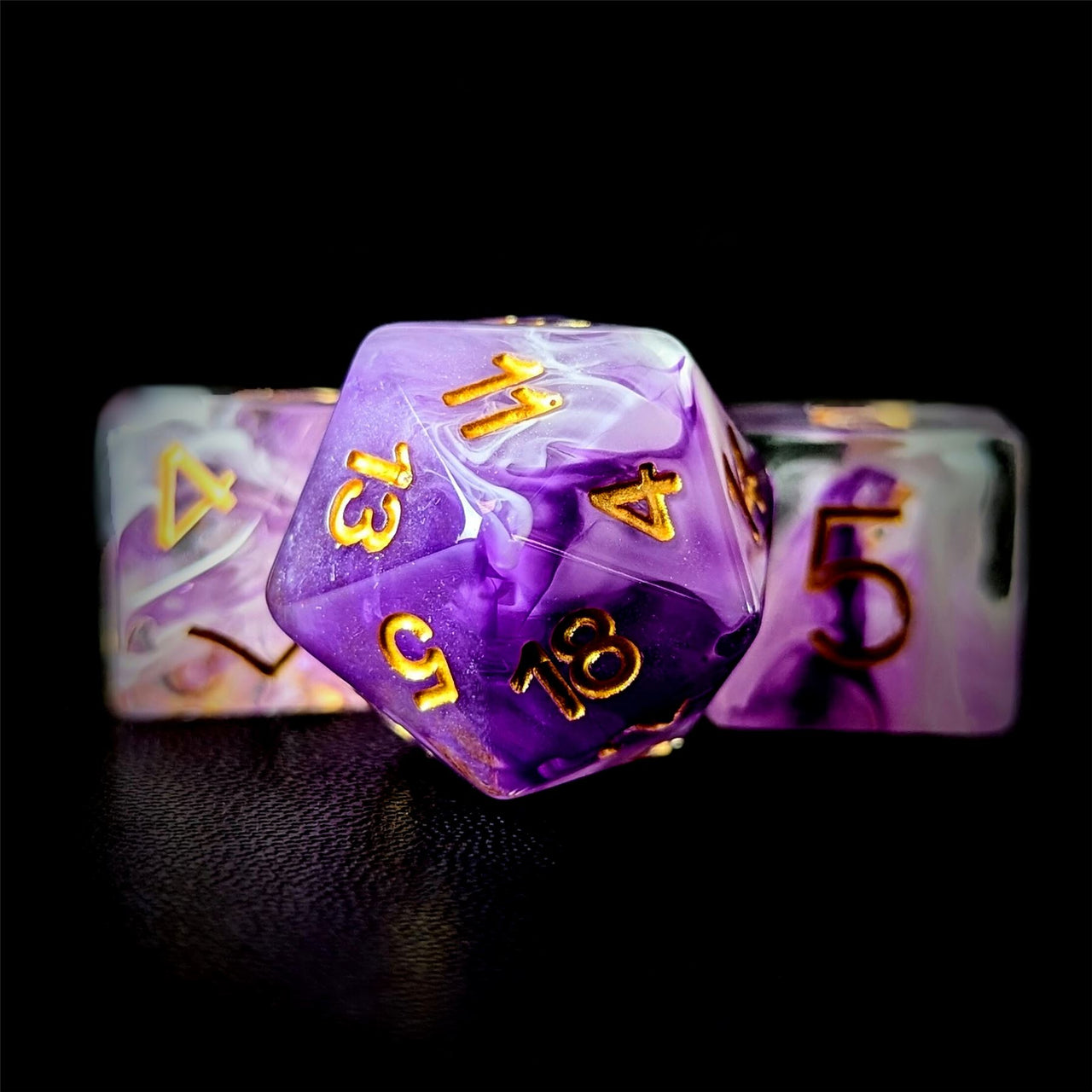 Purple & White Swirl in Clear Resin - 7pcs RPG Full Dice Set