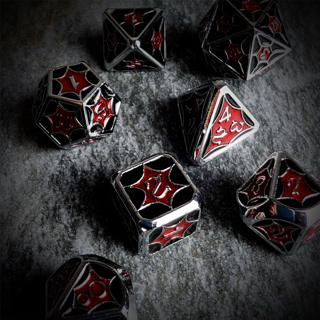 Red & Black Spider's Web in Silver Metal - 7pcs RPG Dice Set