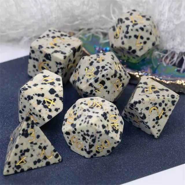 White Dalmatian Jasper Gemstone - 7pcs RPG Dice Set