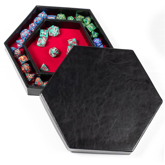 Red Velvet & Black PU Leather - Hexagon Lid Dice Tray