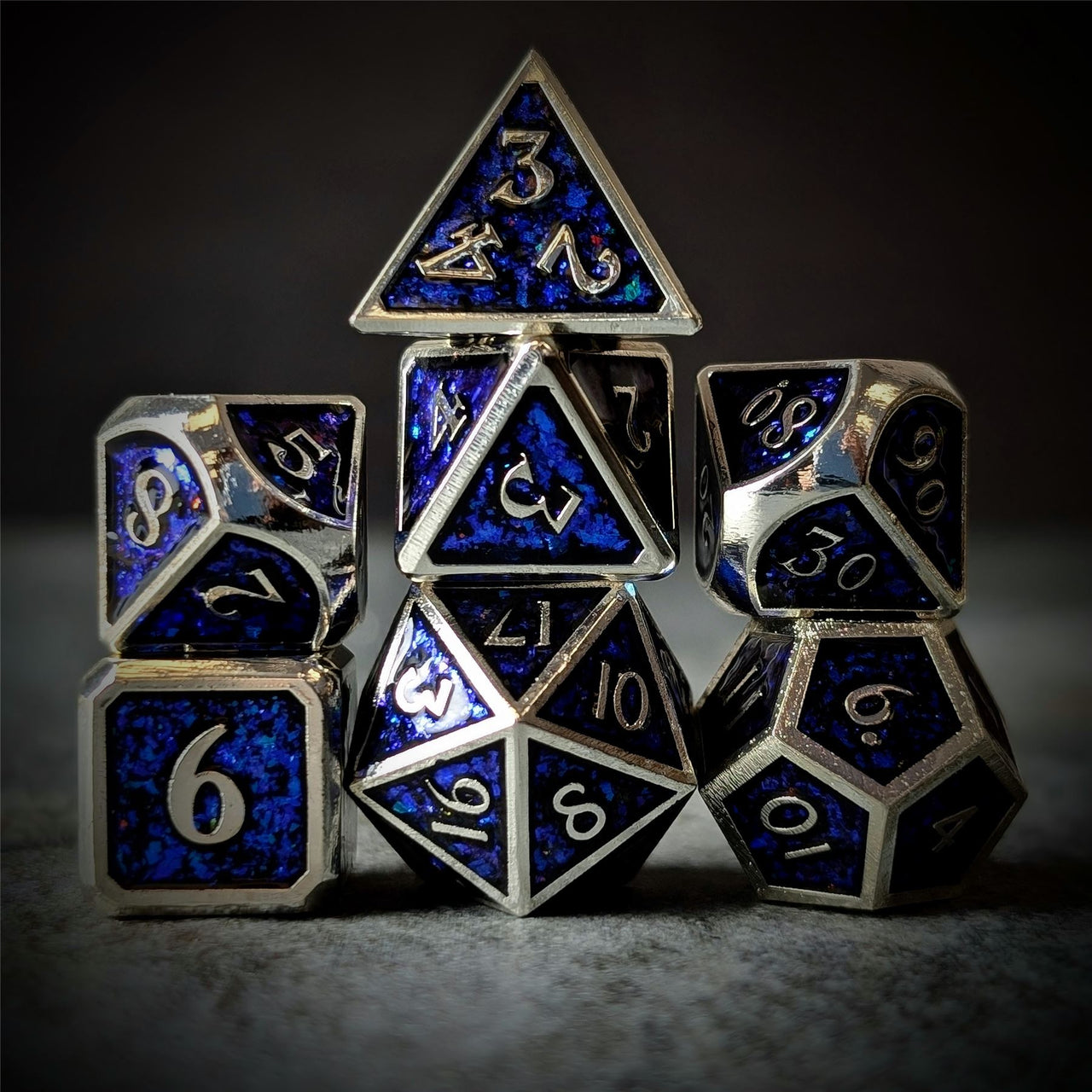 Glitter Blue Enamel in Silver Metal - 7pcs RPG Dice Set