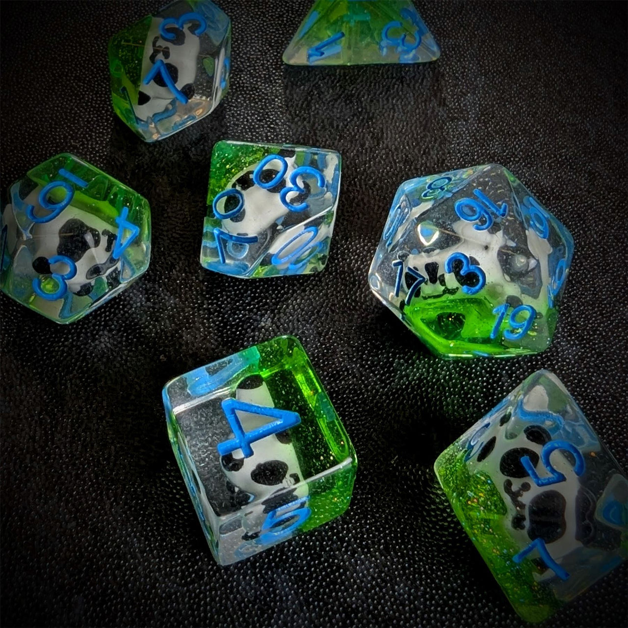 Panda in Clear & Green Resin - 7pcs RPG Full Dice Set