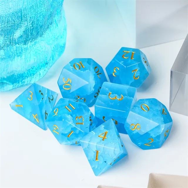 Cracked & Frosted Sky Blue Glass - 7pcs RPG Dice Set