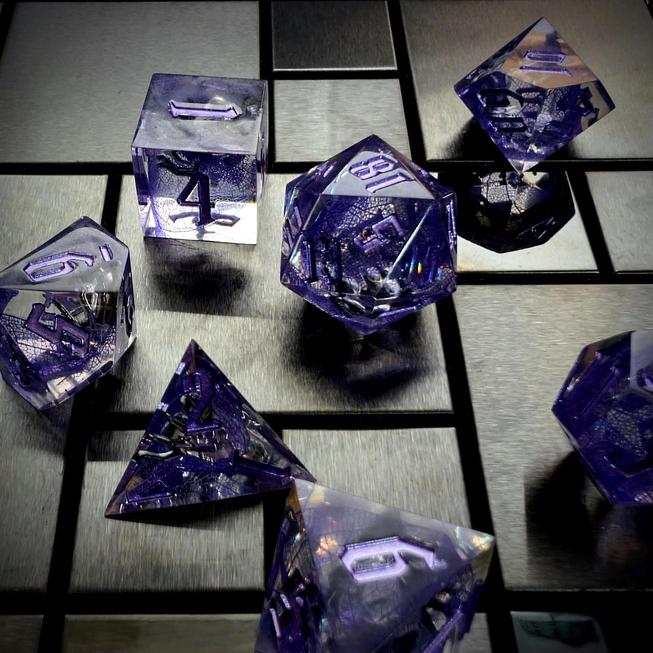 Spider in Clear & Purple Filled Sharp Resin - 7pcs RPG Dice Set