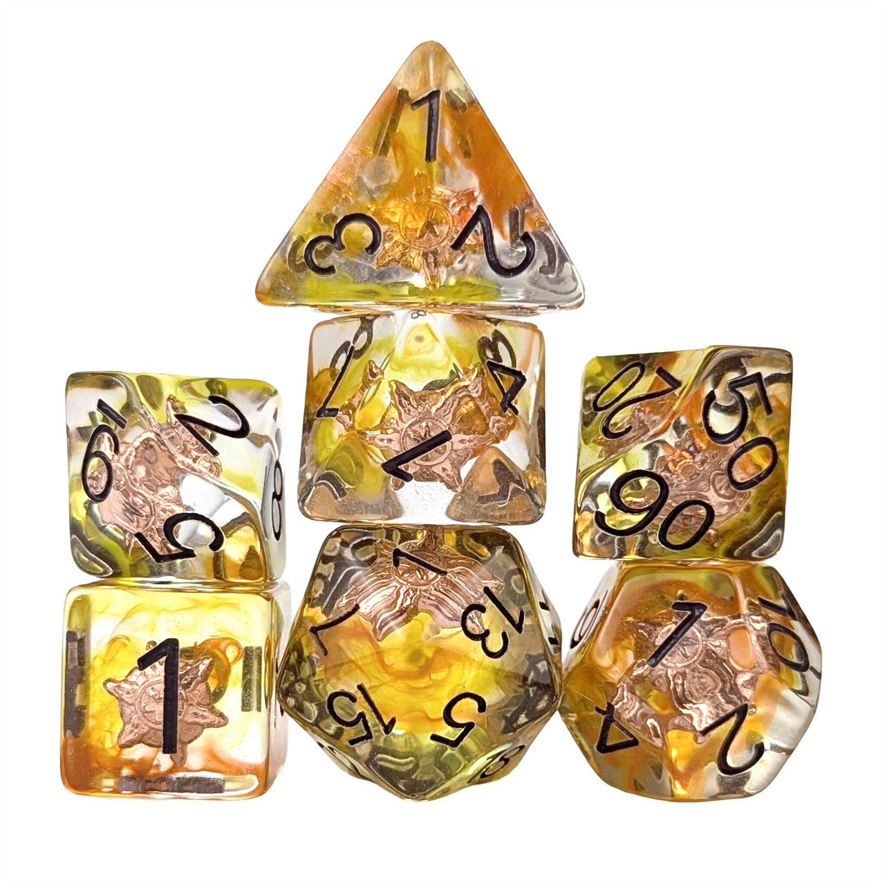 Sun Shield in Clear & Yellow Resin - 7pcs RPG Full Dice Set