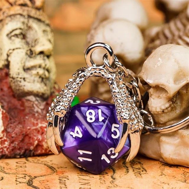 Silver & Purple Acrylic in Metal Claw - D20 Keyring