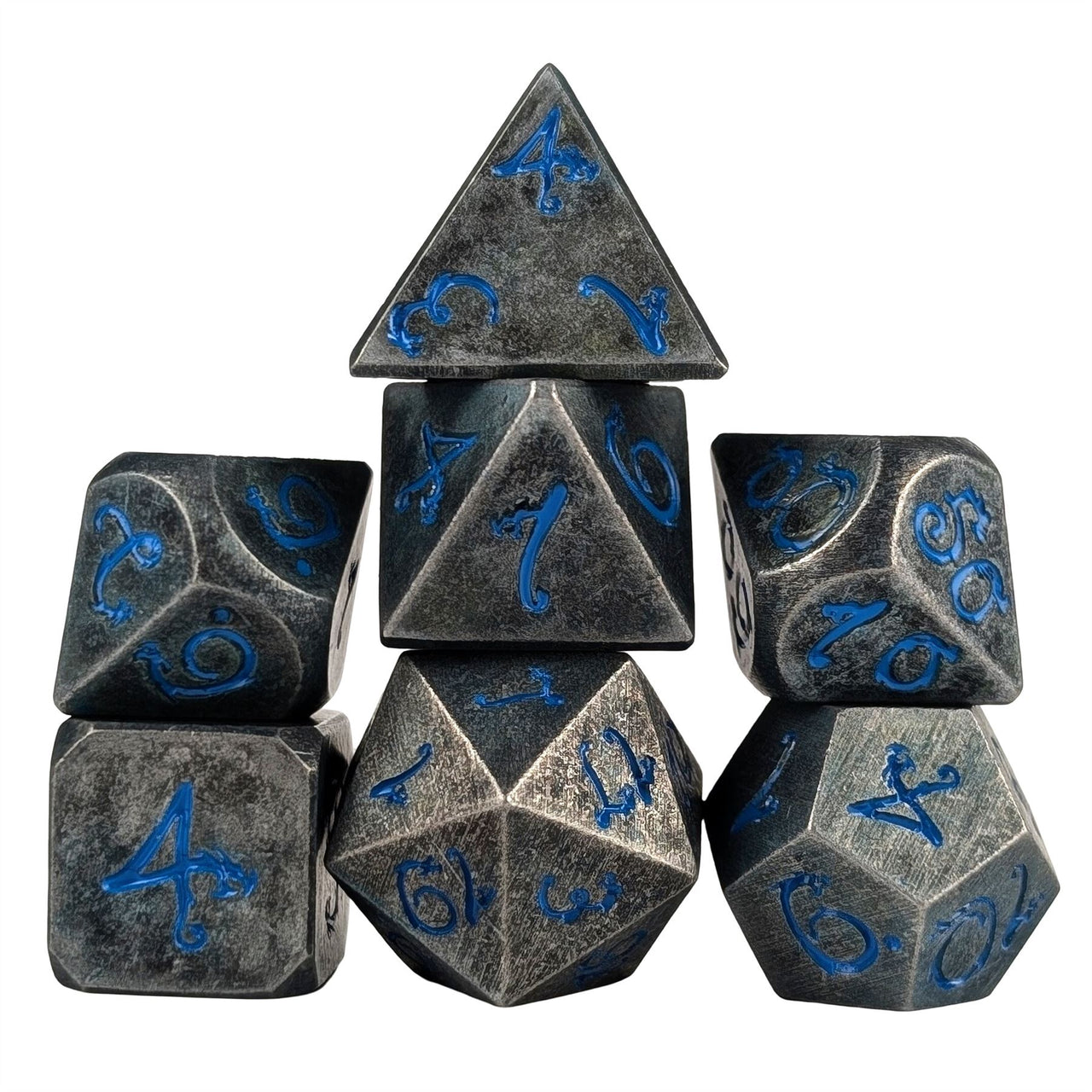 Silver Metal with Blue Dragon Font - 7pcs RPG Dice Set