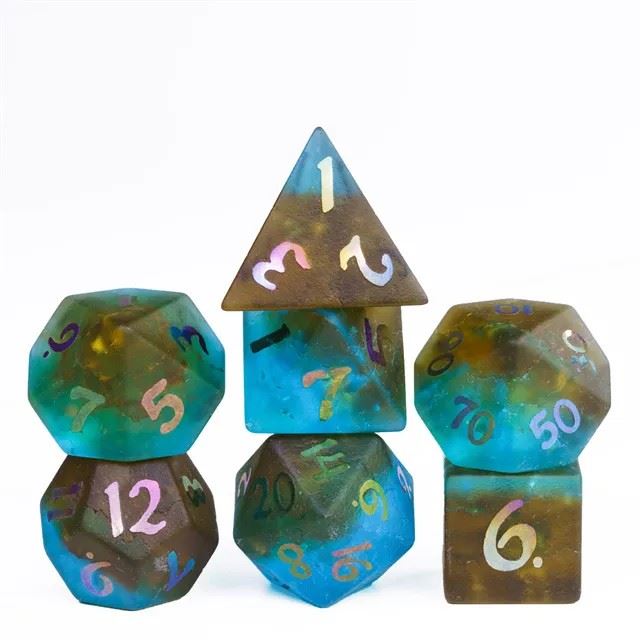 Cracked & Frosted Cyan Brown Glass - 7pcs RPG Dice Set