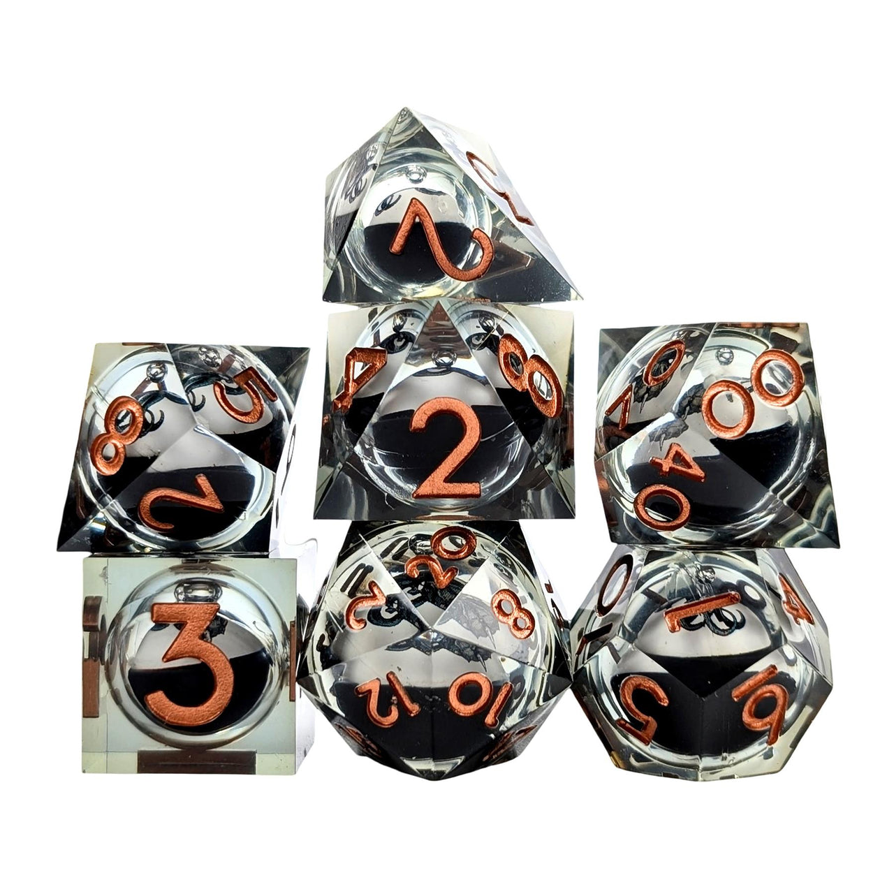 Octopus Ball in Black & Clear Filled Sharp Resin - 7pcs RPG Dice Set