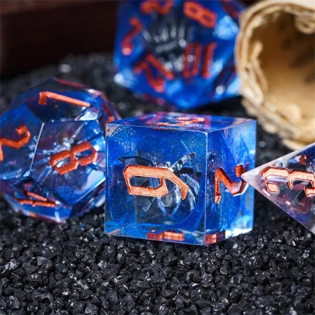 Spider in Clear & Blue Filled Sharp Resin - 7pcs RPG Dice Set