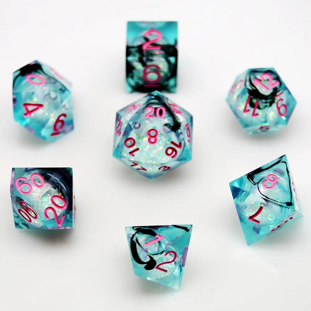 Black Swirl & Glitter in Cyan Liquid Filled Sharp Resin - 7pcs RPG Dice Set