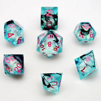 Thumbnail for Black Swirl & Glitter in Cyan Liquid Filled Sharp Resin - 7pcs RPG Dice Set