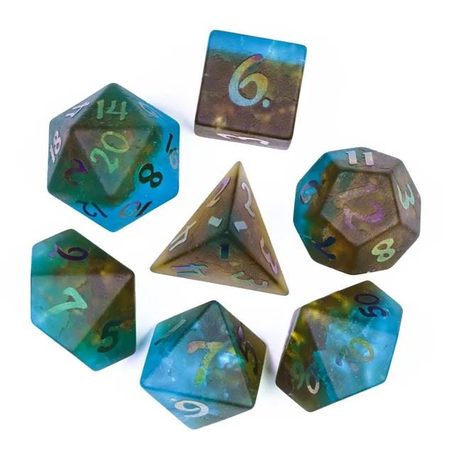 Cracked & Frosted Cyan Brown Glass - 7pcs RPG Dice Set