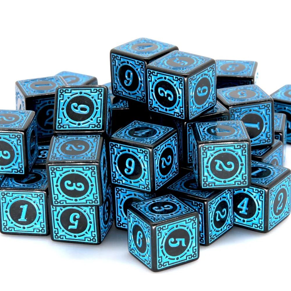 16mm Black & Blue Acrylic Lattice  - 6pcs D6 RPG Dice Set