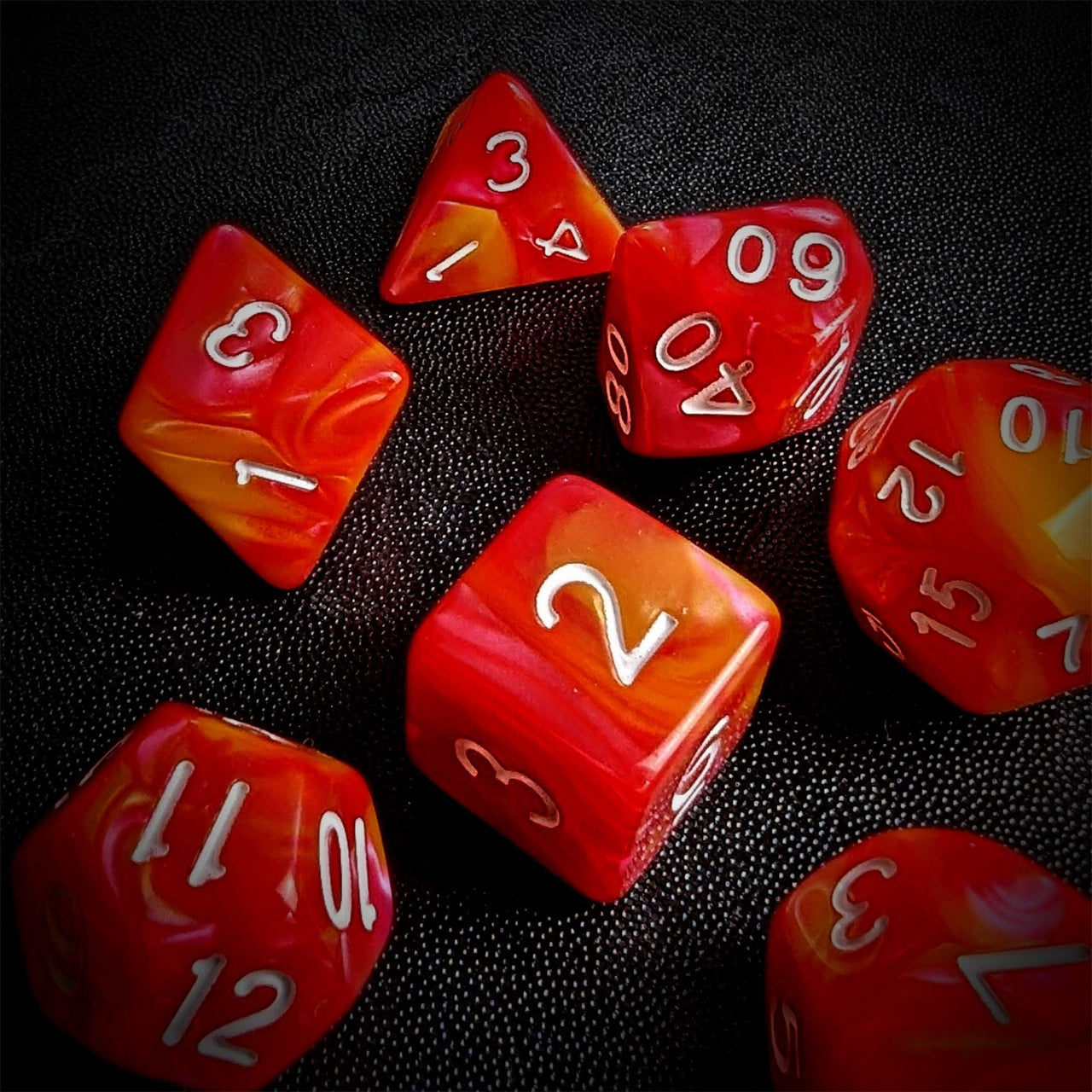 Red & Orange Silk Acrylic - 7pcs RPG Full Dice Set Scatter