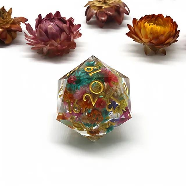 Flowers in Clear Sharp Resin - D20 RPG Dice