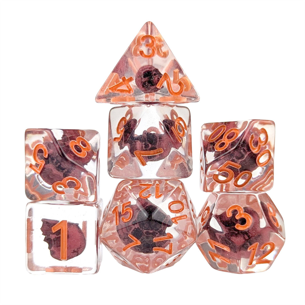 Pink Skull in Clear Resin - 7pcs RPG Full Dice Set