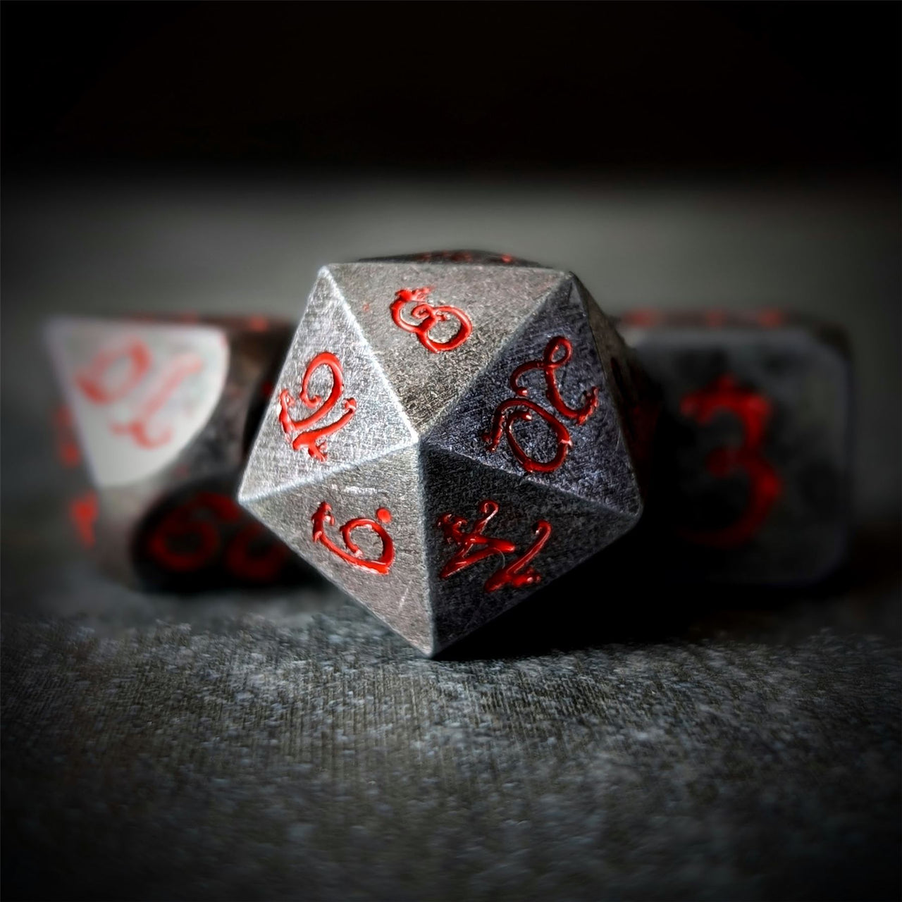 Silver Metal with Red Dragon Font - 7pcs RPG Dice Set