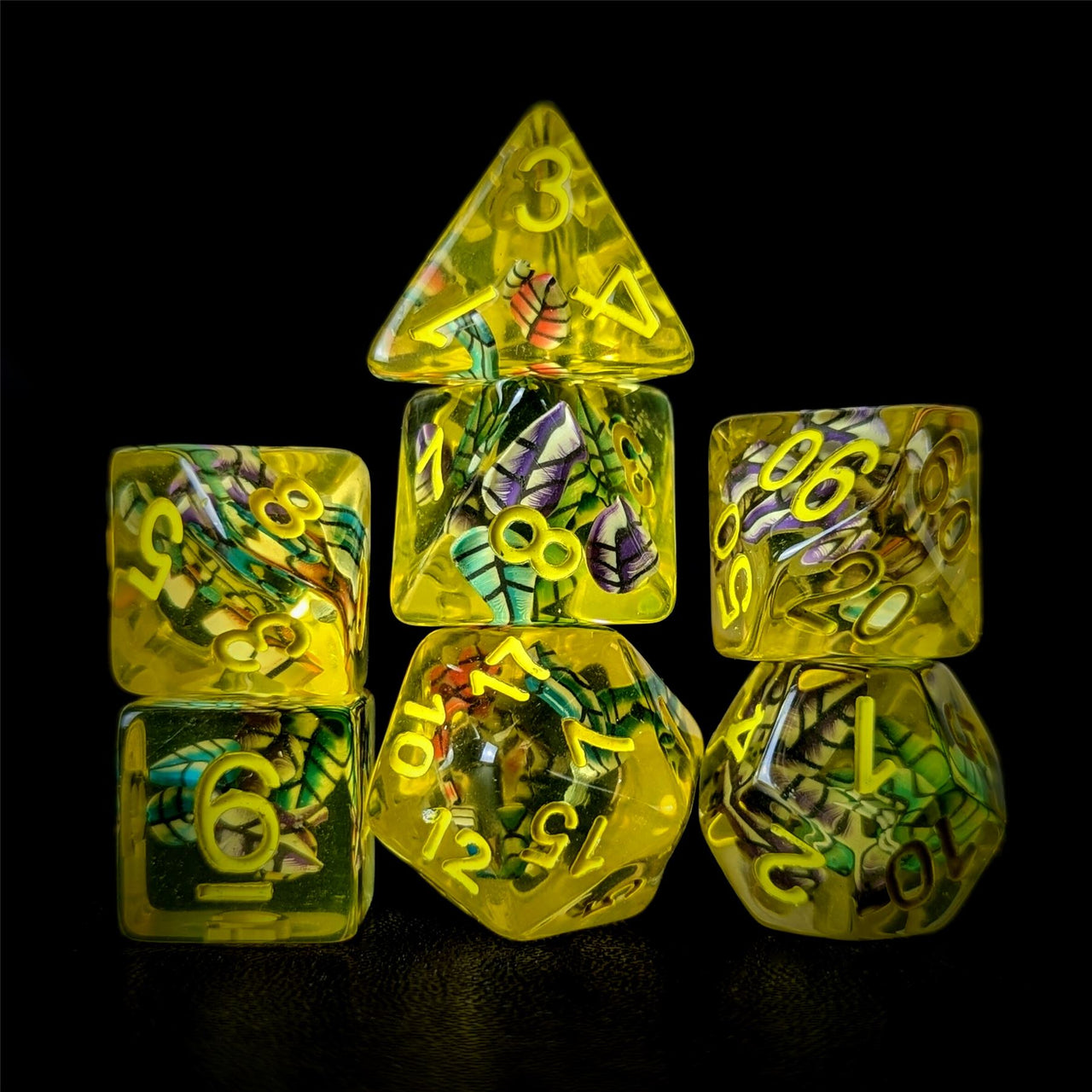 Leaves in Clear & Yellow Resin - 7pcs RPG Full Dice Set