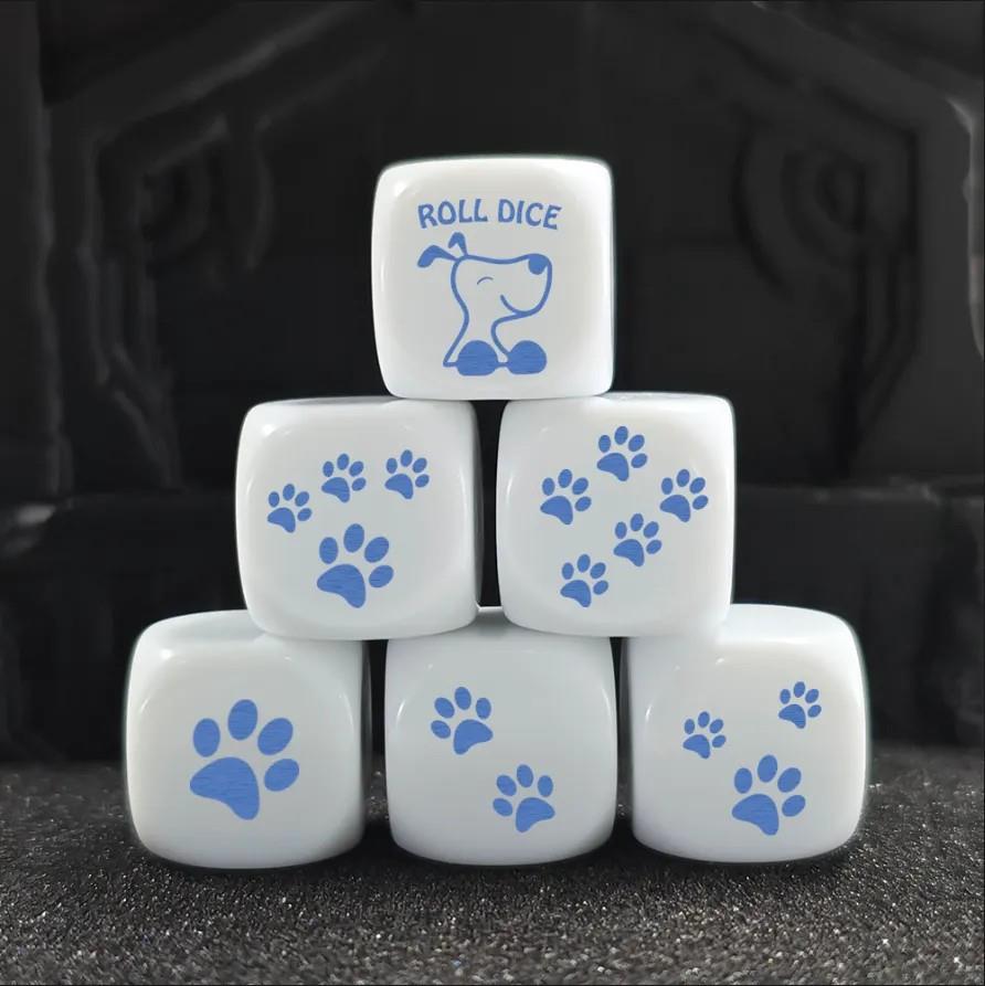 6pcs D6 16mm Dice Acrylic Printed Dog Paw Blue White