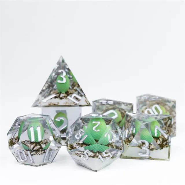 Green Dragon Egg in Clear Filled Sharp Resin - 7pcs RPG Dice Set