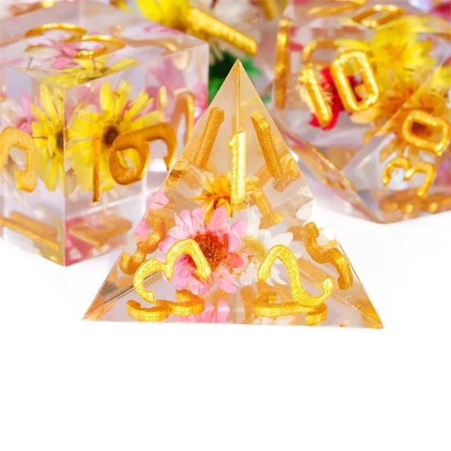 Multicolour Flowers in Clear Filled Sharp Resin - 7pcs RPG Dice Set