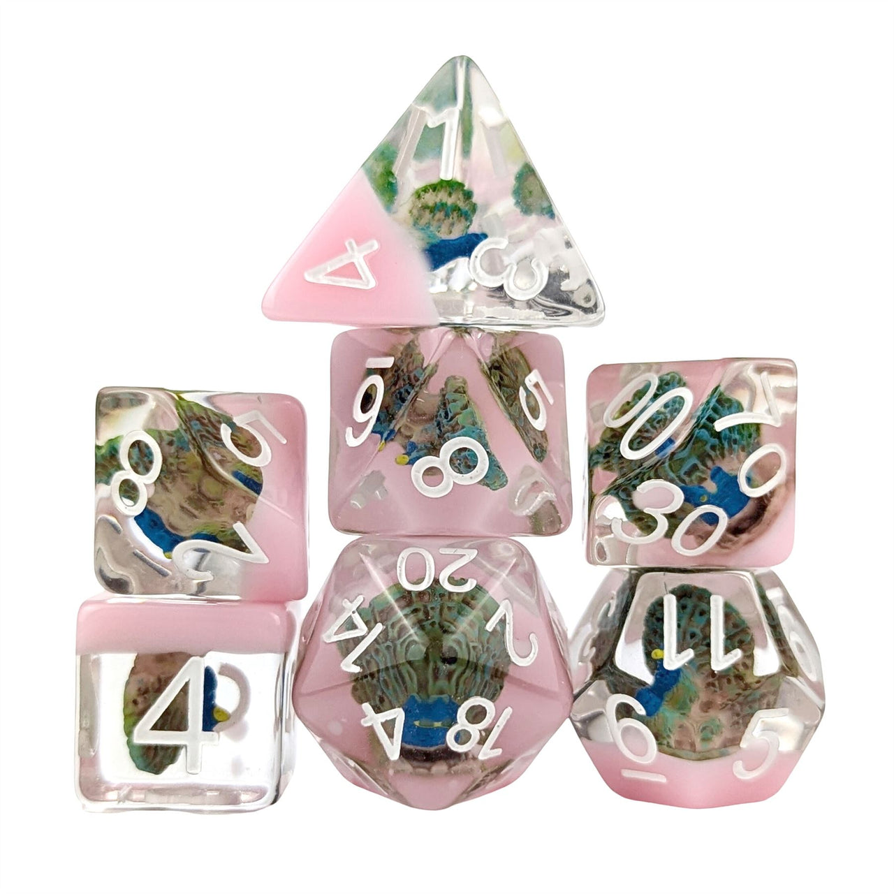 Peacock in Clear & Pink Resin - 7pcs RPG Full Dice Set