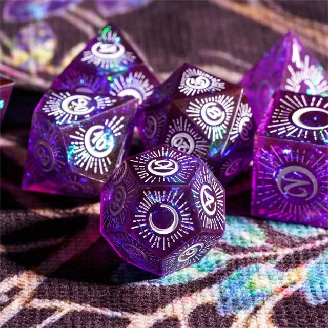 Moon on Purple with White Swirl Sharp Resin - 7pcs RPG Dice Set