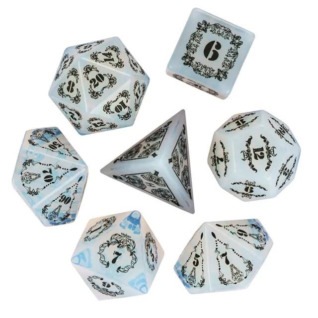 Skulls on White Opalite Gemstone - 7pcs RPG Dice Set