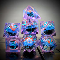 Thumbnail for 7pcs Dice Sharp Filled Liquid Fish Blue Font Blue Clear