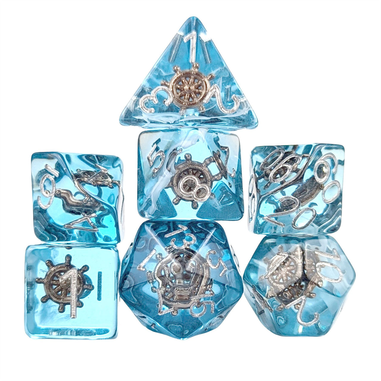 Helm in Clear & Blue Resin - 7pcs RPG Full Dice Set