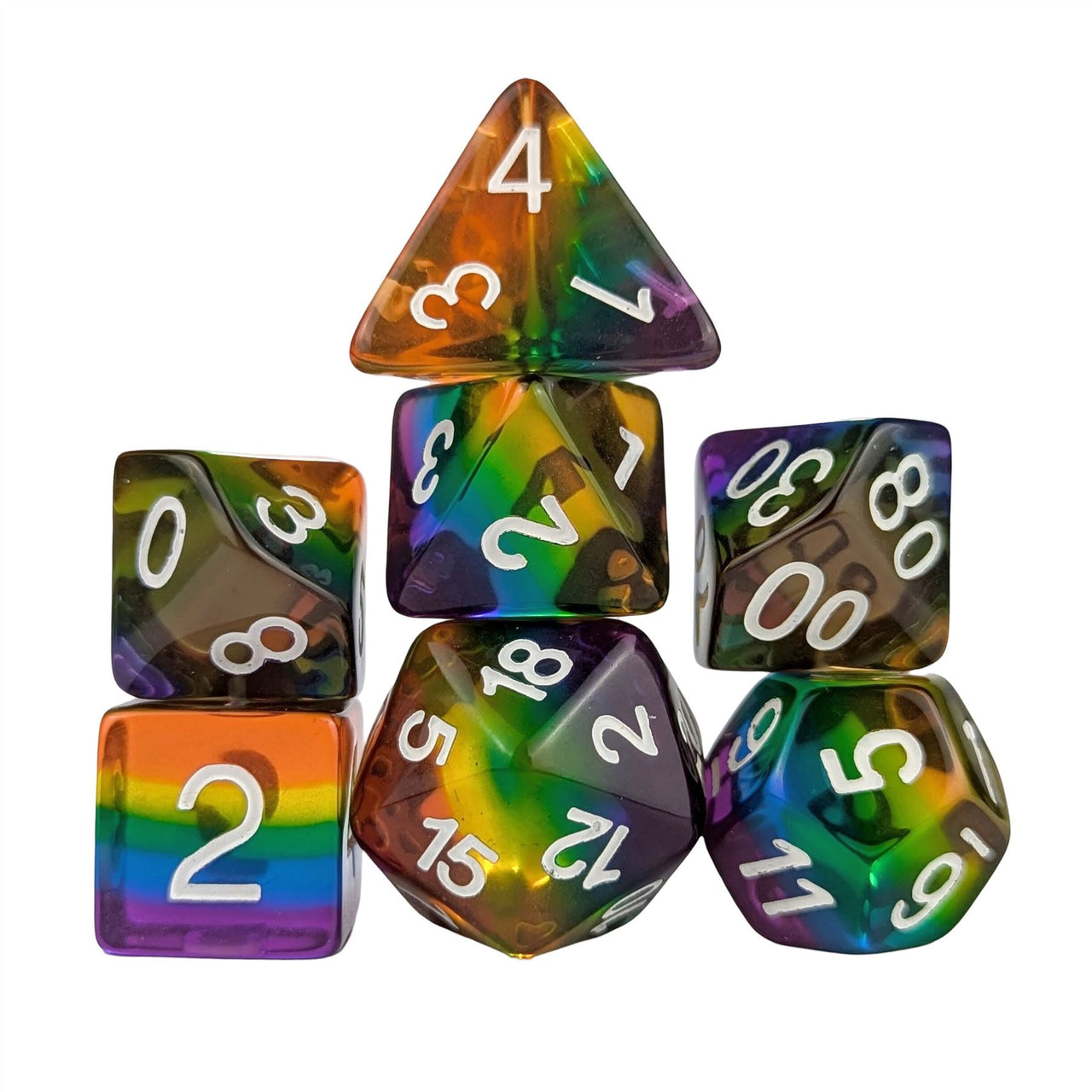 Layered Rainbow in Clear Resin - 7pcs RPG Full Dice Set